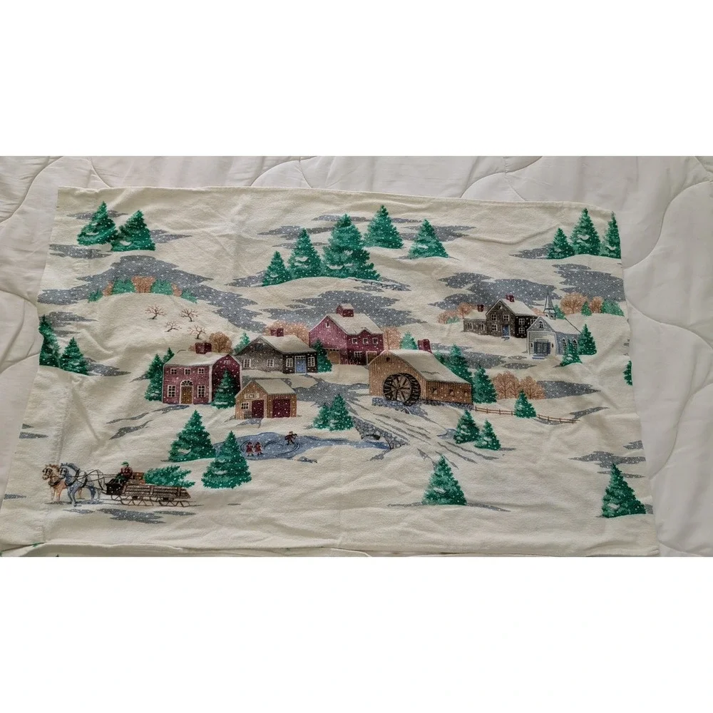 Vintage Winter Village Flannel Pillowcase Set Christmas Snowy Sleigh Farmhouse